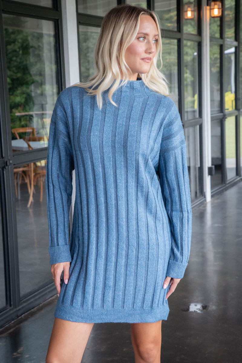 Margo Mock Neck Sweater Dress, Dusty Blue