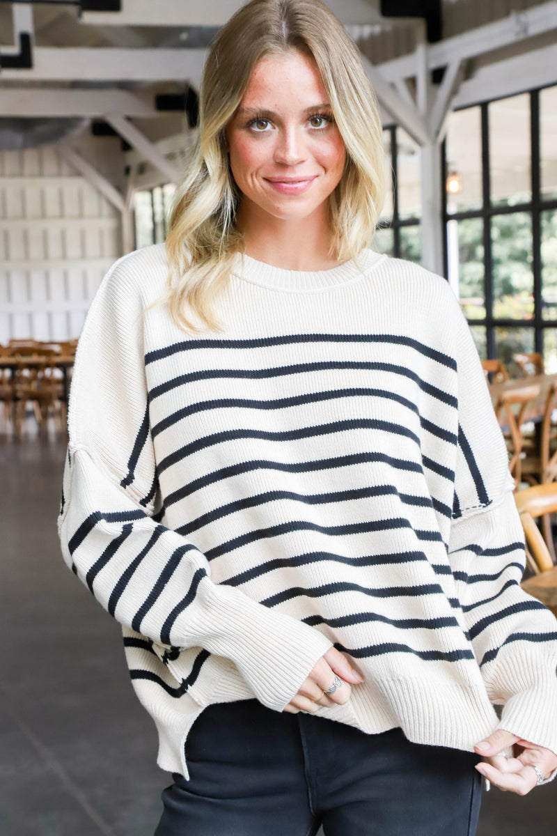 Zoie Oversized Striped Sweater, Ecru