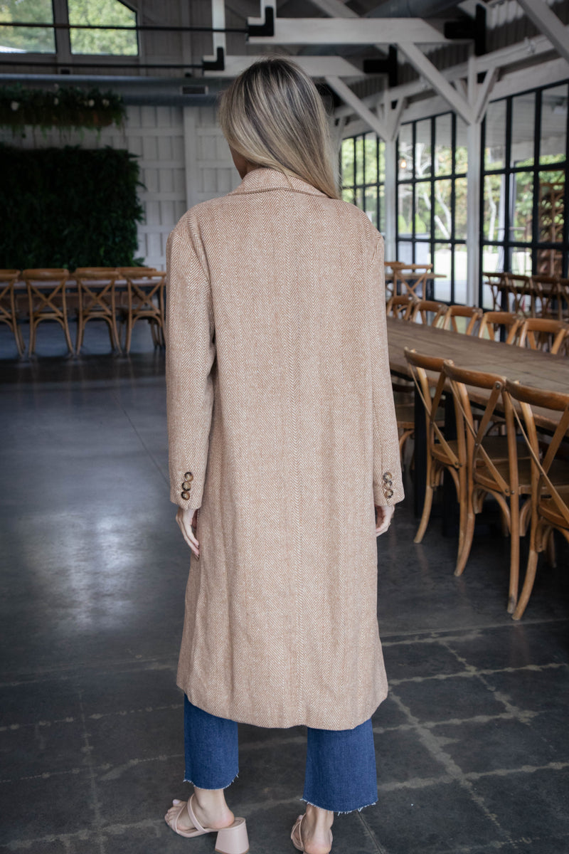 Ciera Herringbone Long Coat, Chestnut