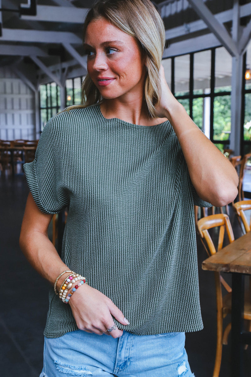 Jana Ribbed Short Sleeve Top, Olive