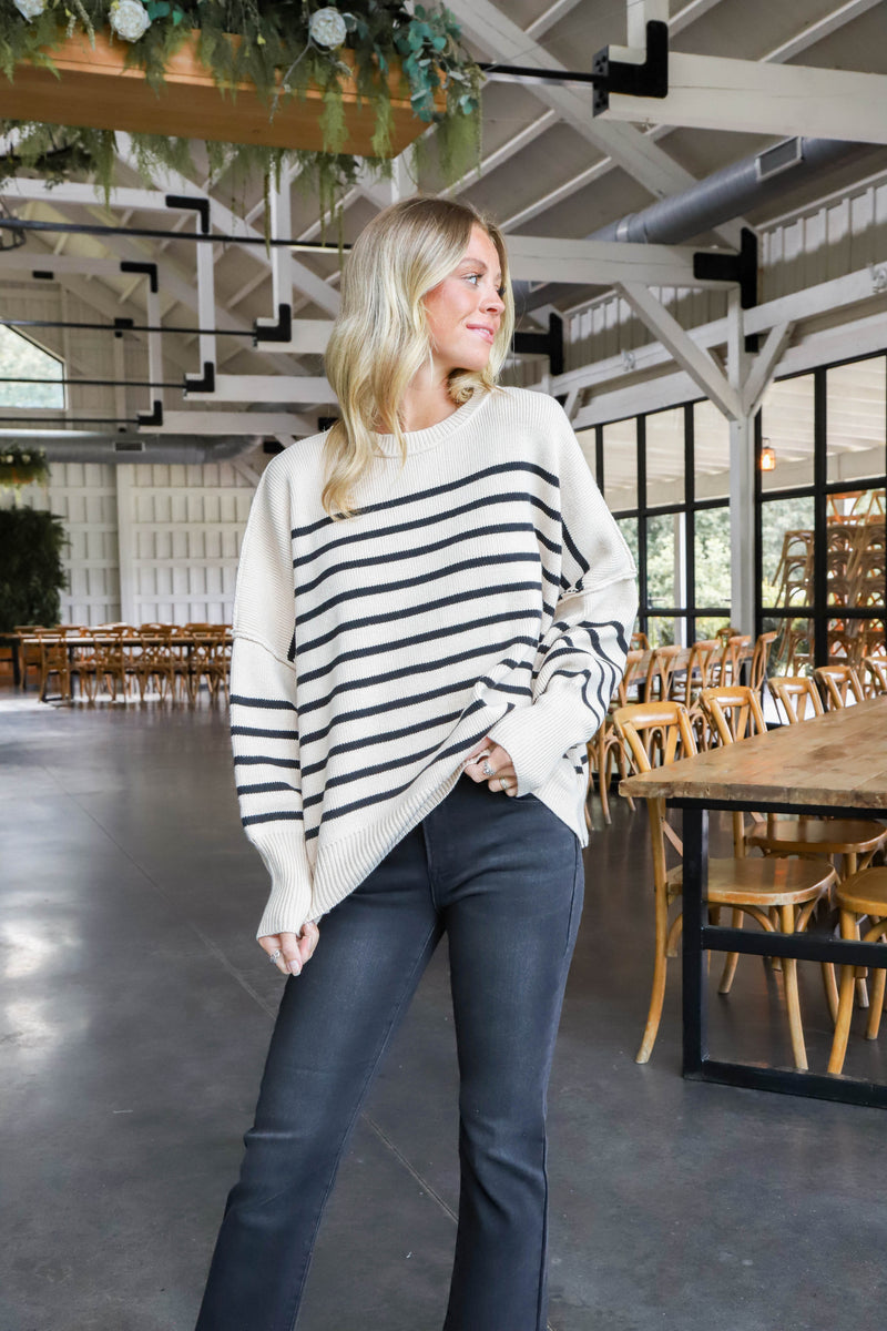 Zoie Oversized Striped Sweater, Ecru