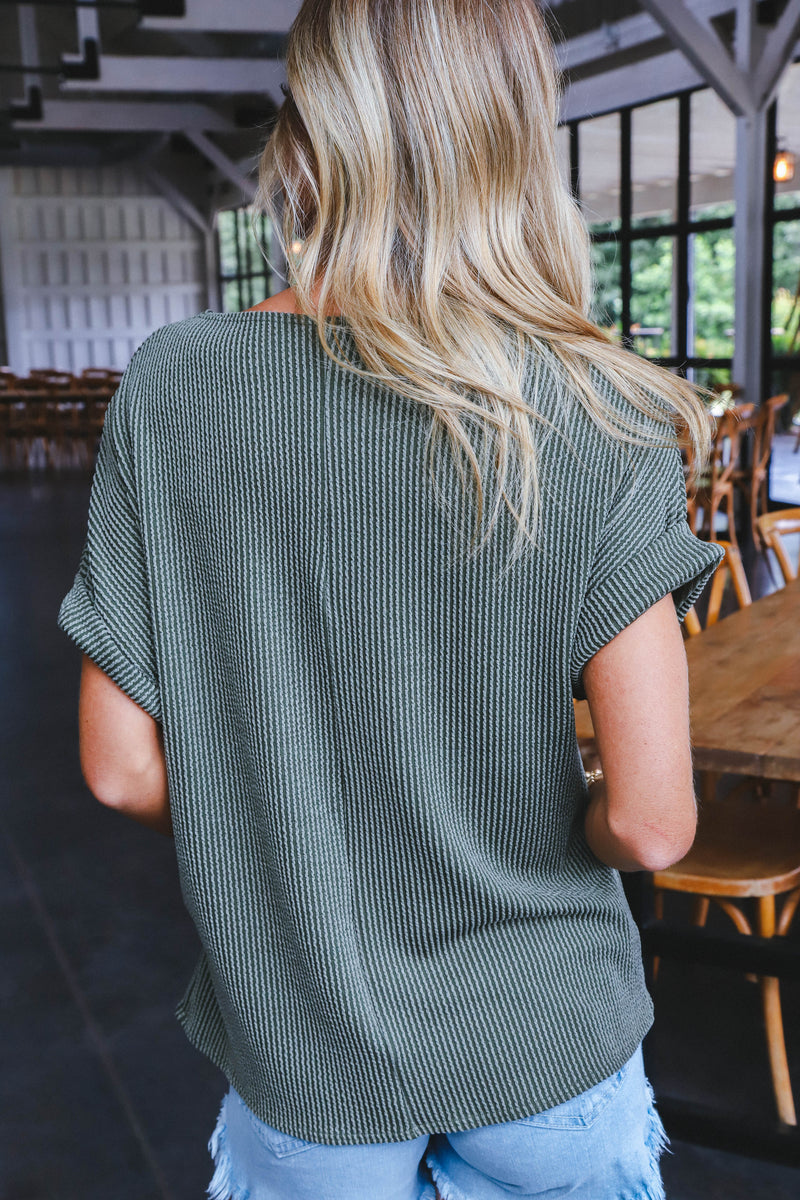 Jana Ribbed Short Sleeve Top, Olive