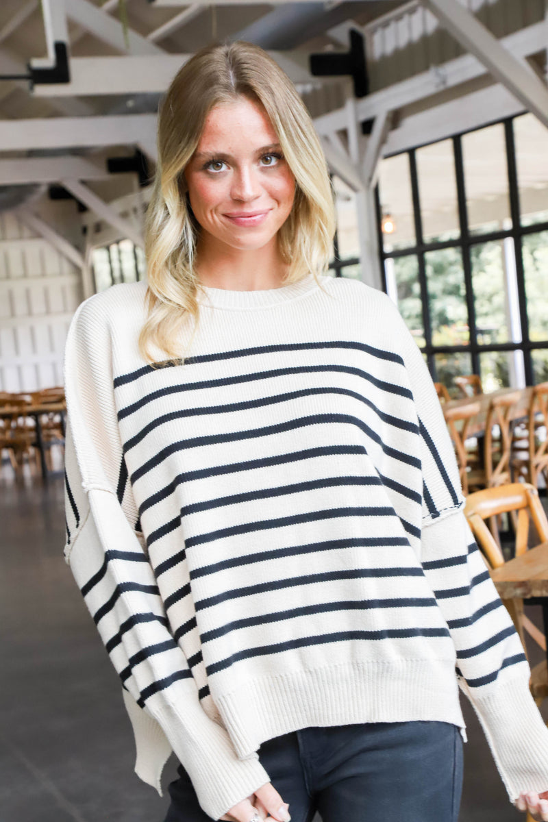 Zoie Oversized Striped Sweater, Ecru