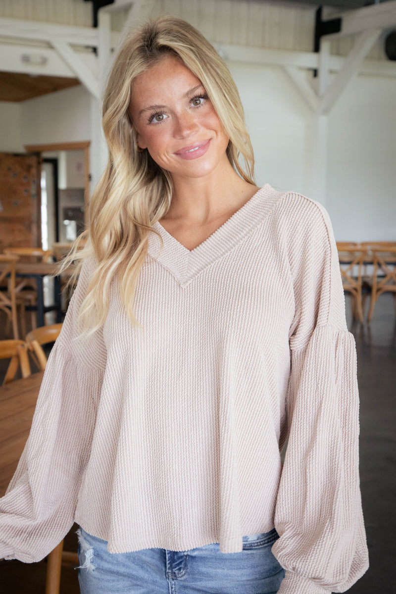 Kayley Two Tone Ribbed Top, Oatmeal