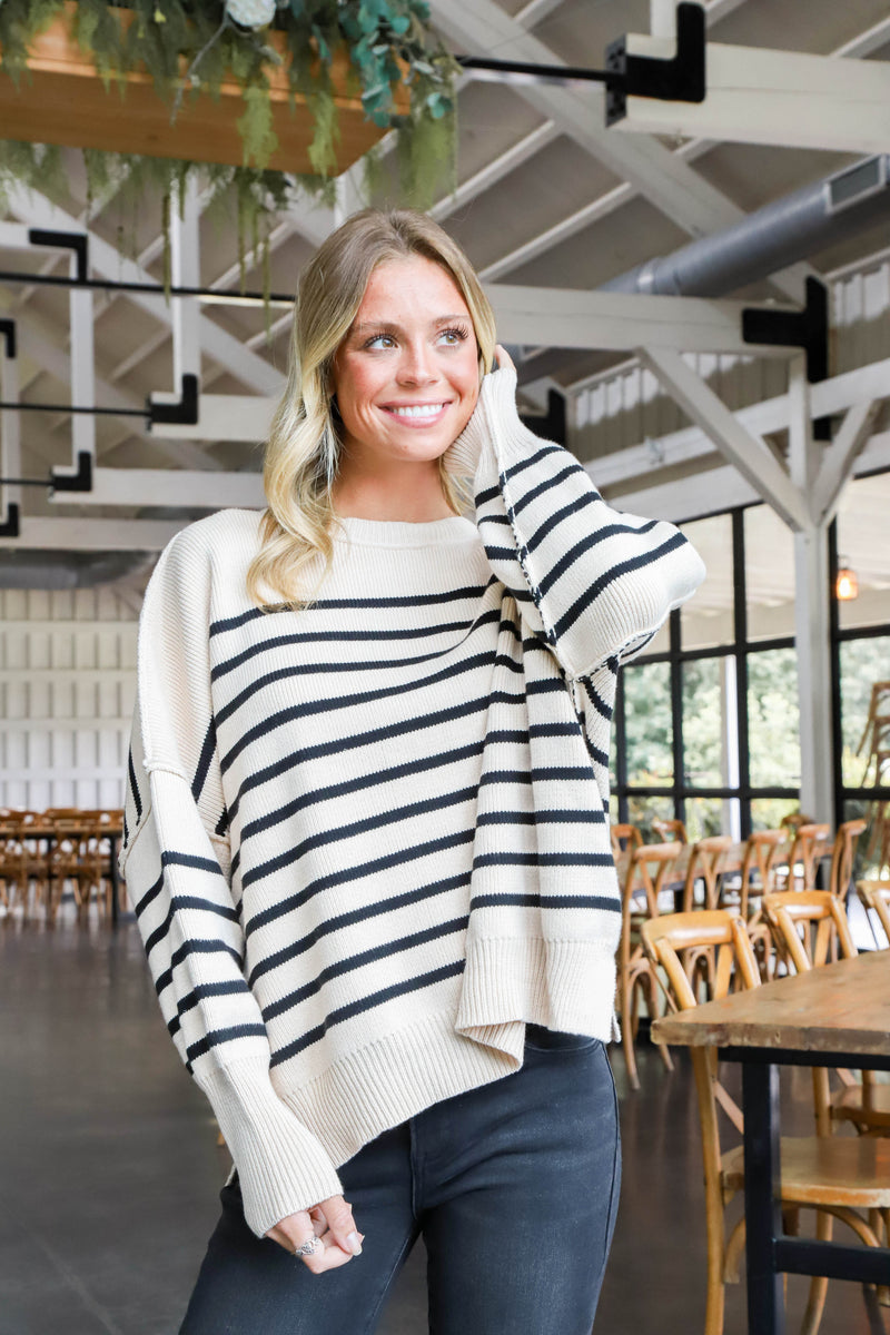 Zoie Oversized Striped Sweater, Ecru