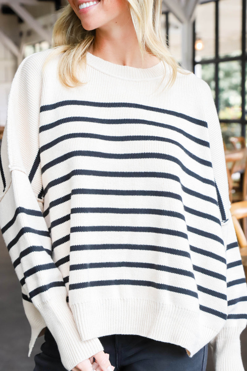 Zoie Oversized Striped Sweater, Ecru