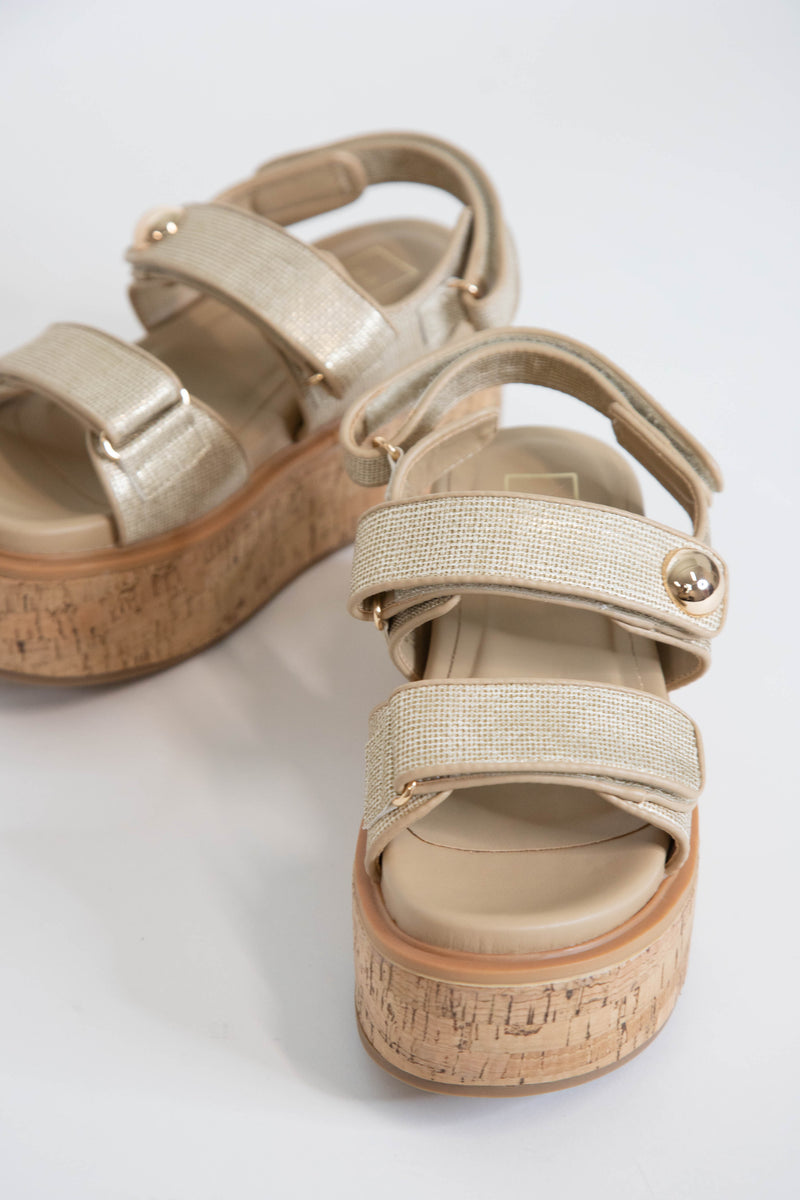 Lucille Woven Platform Sandals, Gold Woven | ShuShop