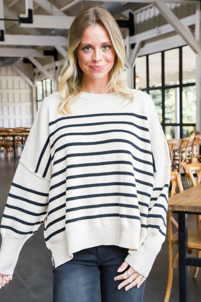 Zoie Oversized Striped Sweater, Ecru