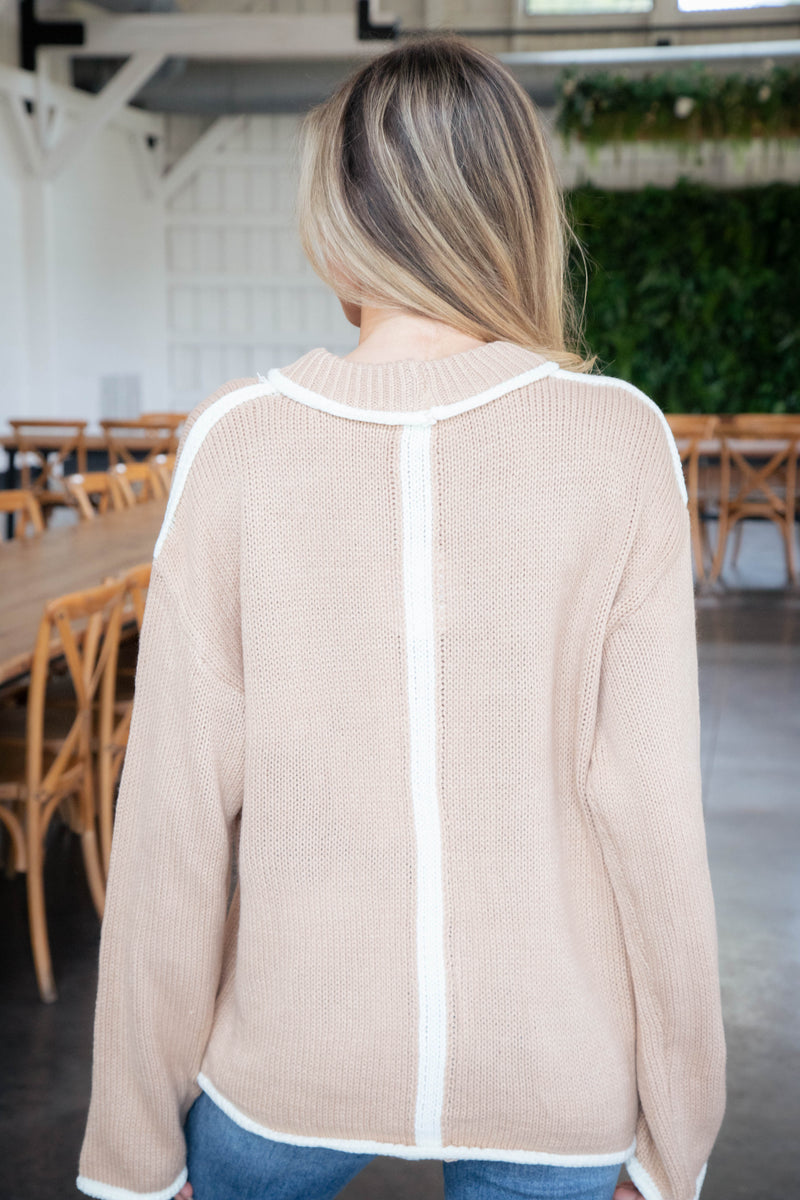 Cece Contrast Detail Sweater, Natural