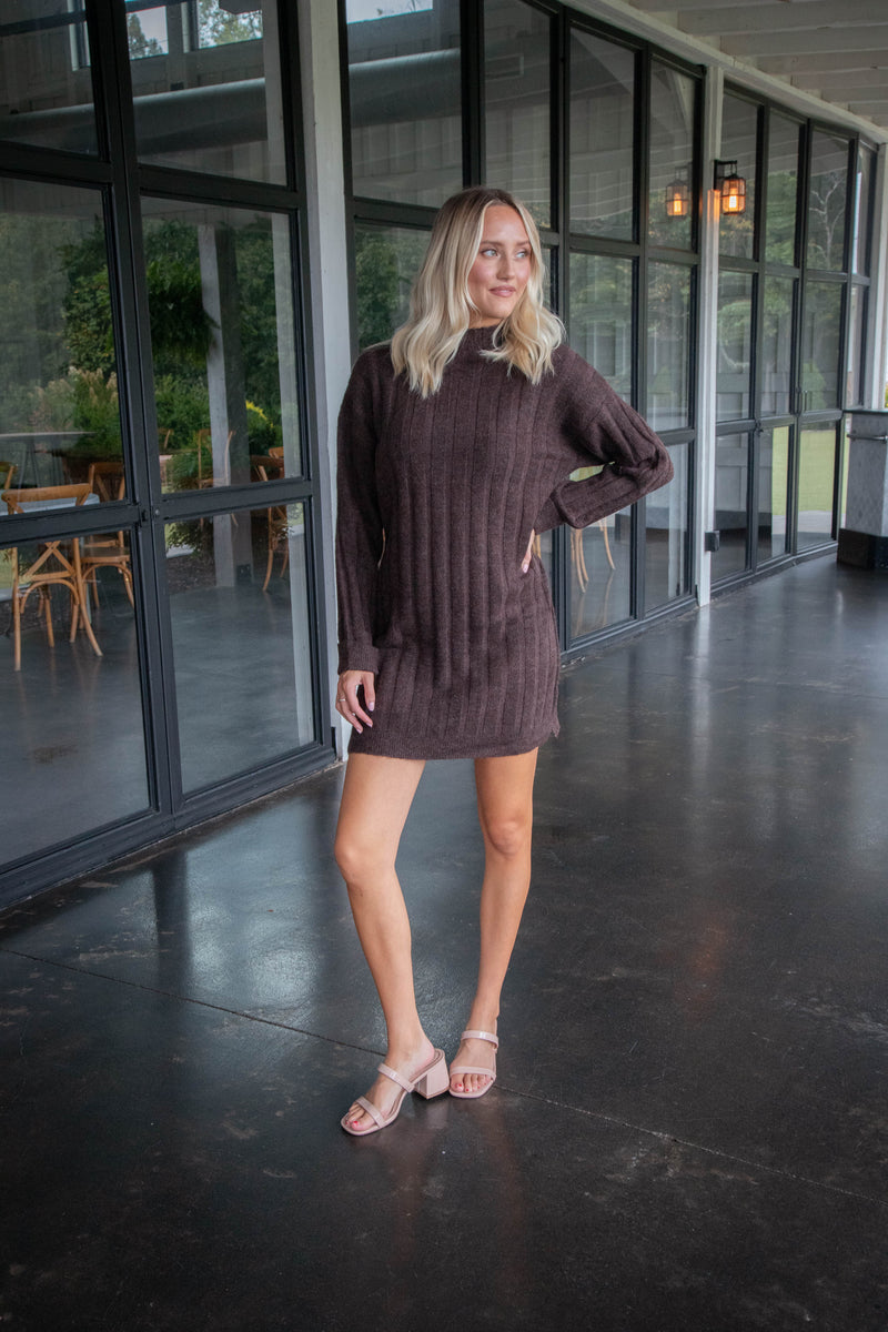 Margo Mock Neck Sweater Dress, Brown