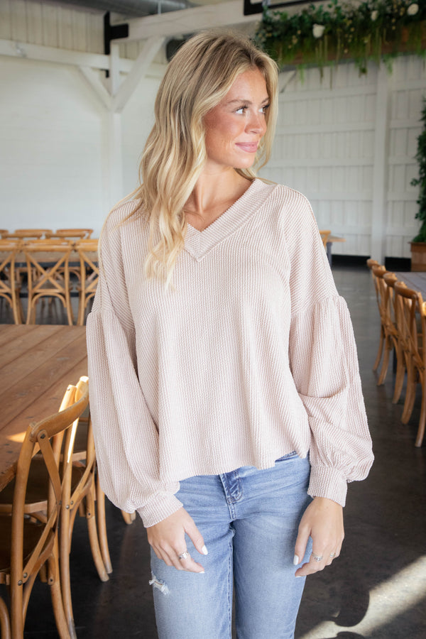 Kayley Two Tone Ribbed Top, Oatmeal