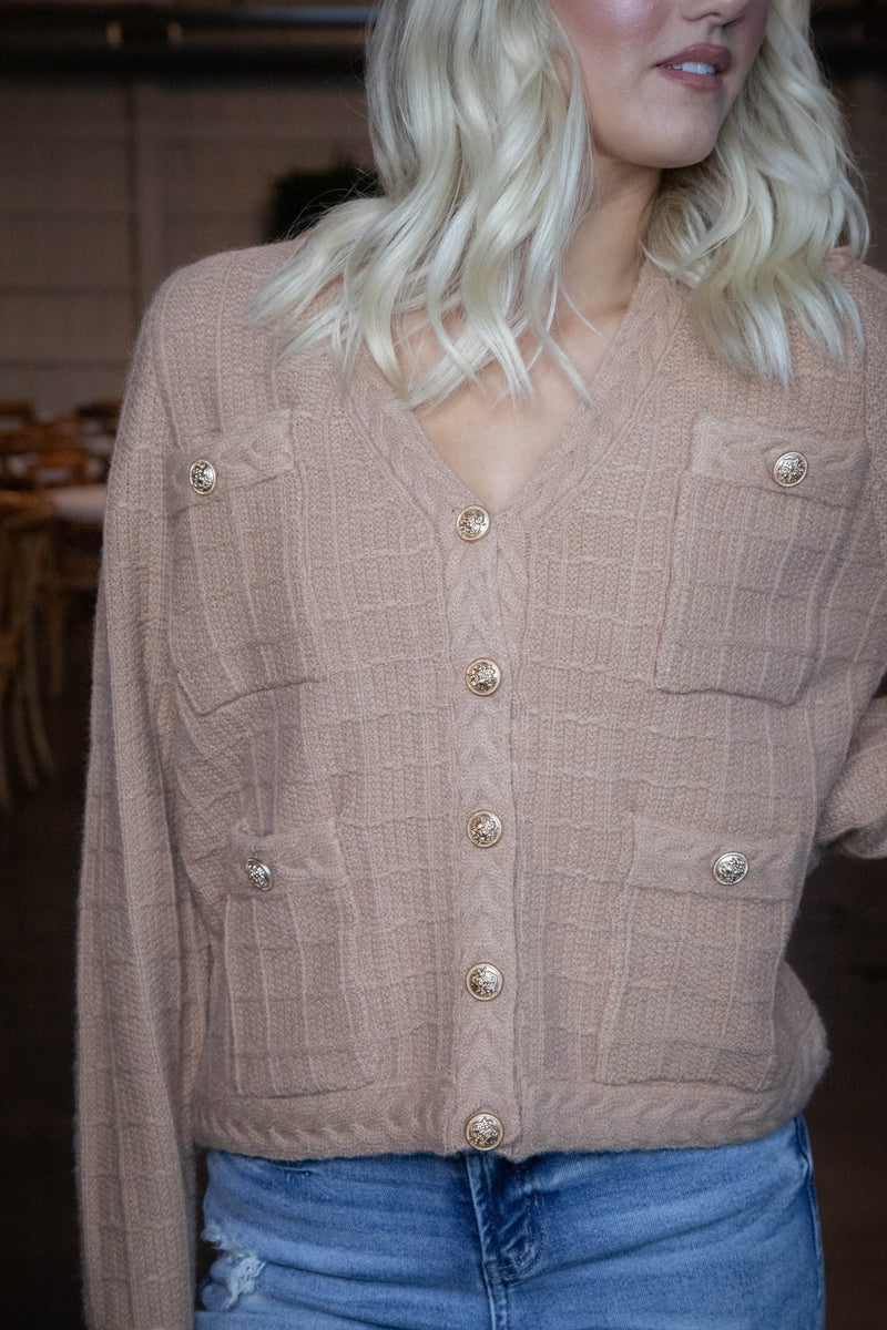 Liz Textured Button Up Cardigan, Camel