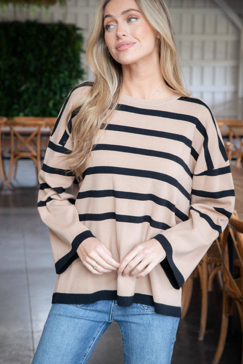 Silvia Striped Sweater Top, Light Taupe