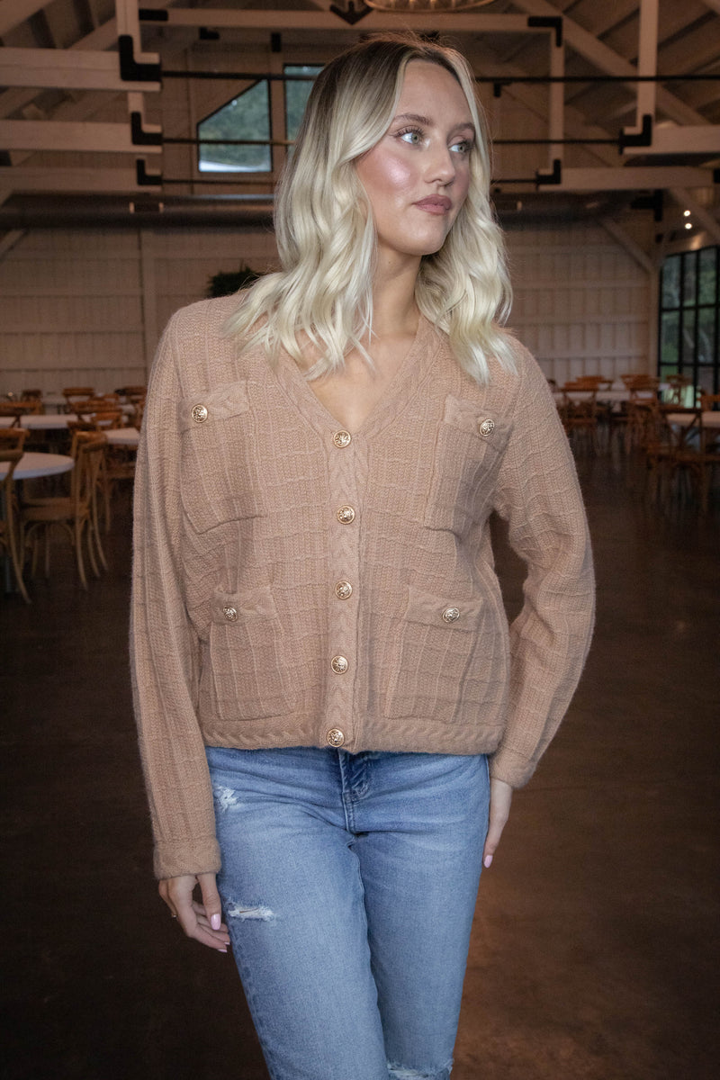 Liz Textured Button Up Cardigan, Camel