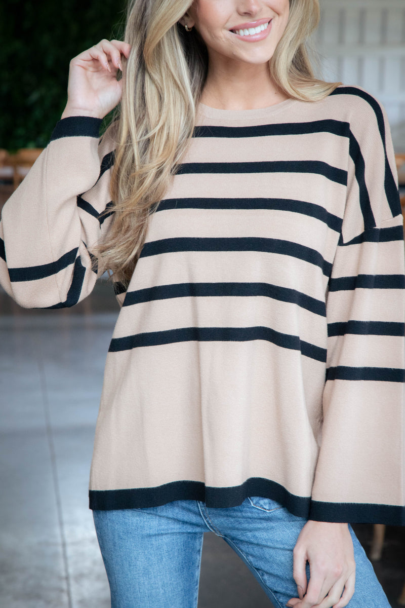 Silvia Striped Sweater Top, Light Taupe