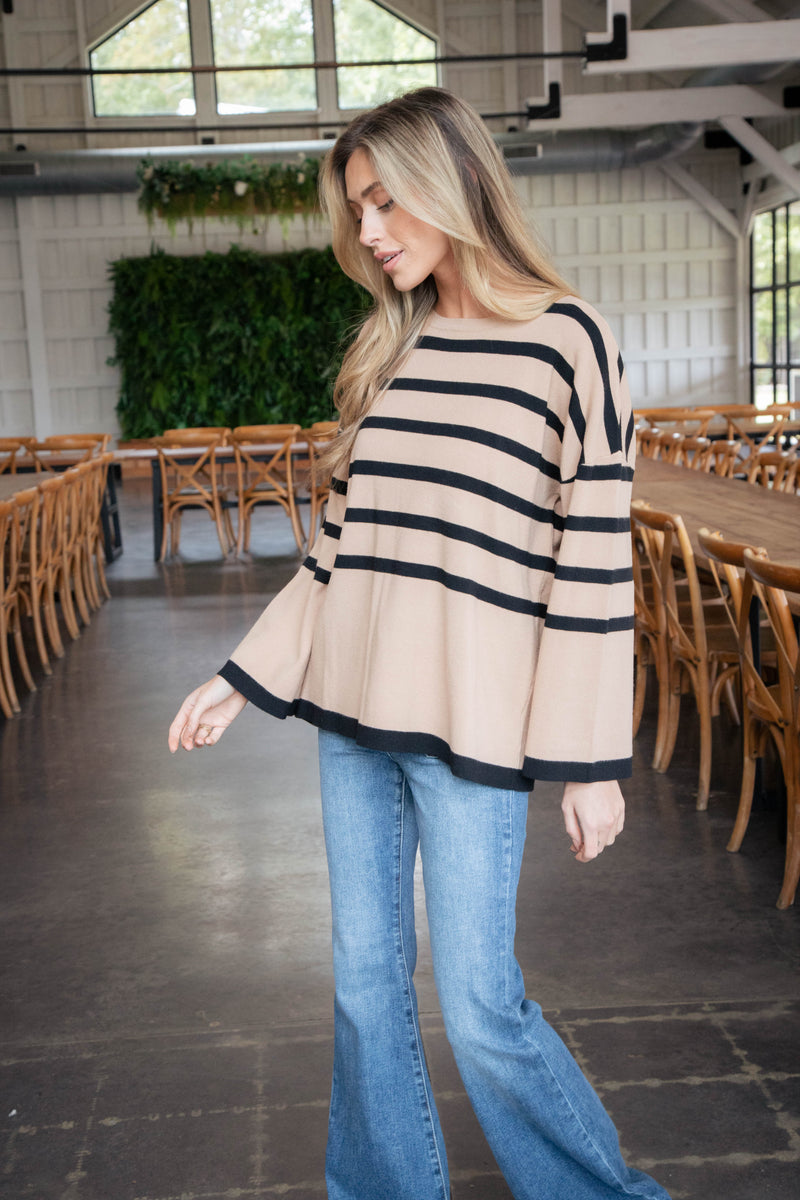 Silvia Striped Sweater Top, Light Taupe