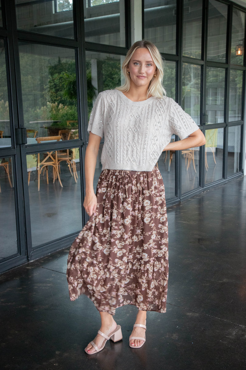 Mona Floral Midi Skirt, Brown Multi