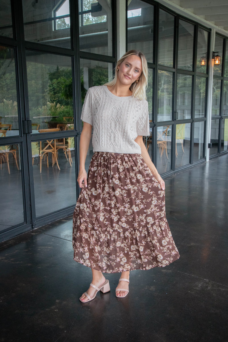 Mona Floral Midi Skirt, Brown Multi