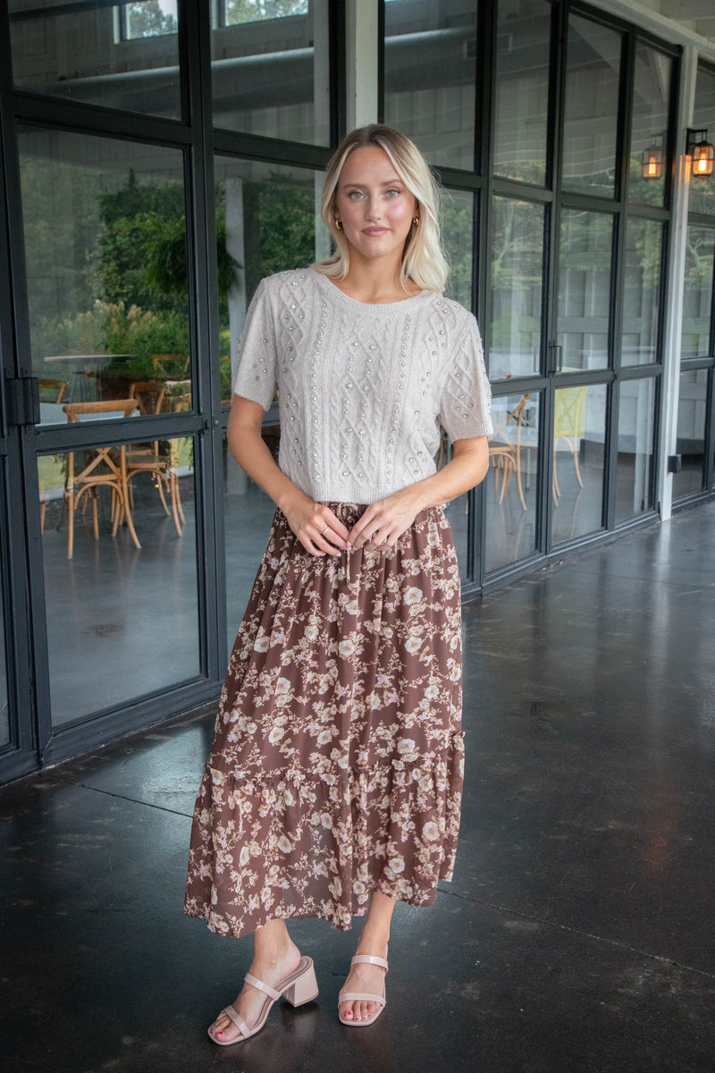 Mona Floral Midi Skirt, Brown Multi