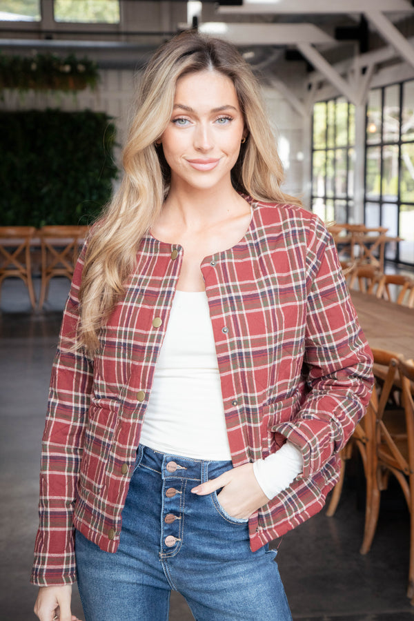 Judith Quilted Plaid Jacket, Brick Red