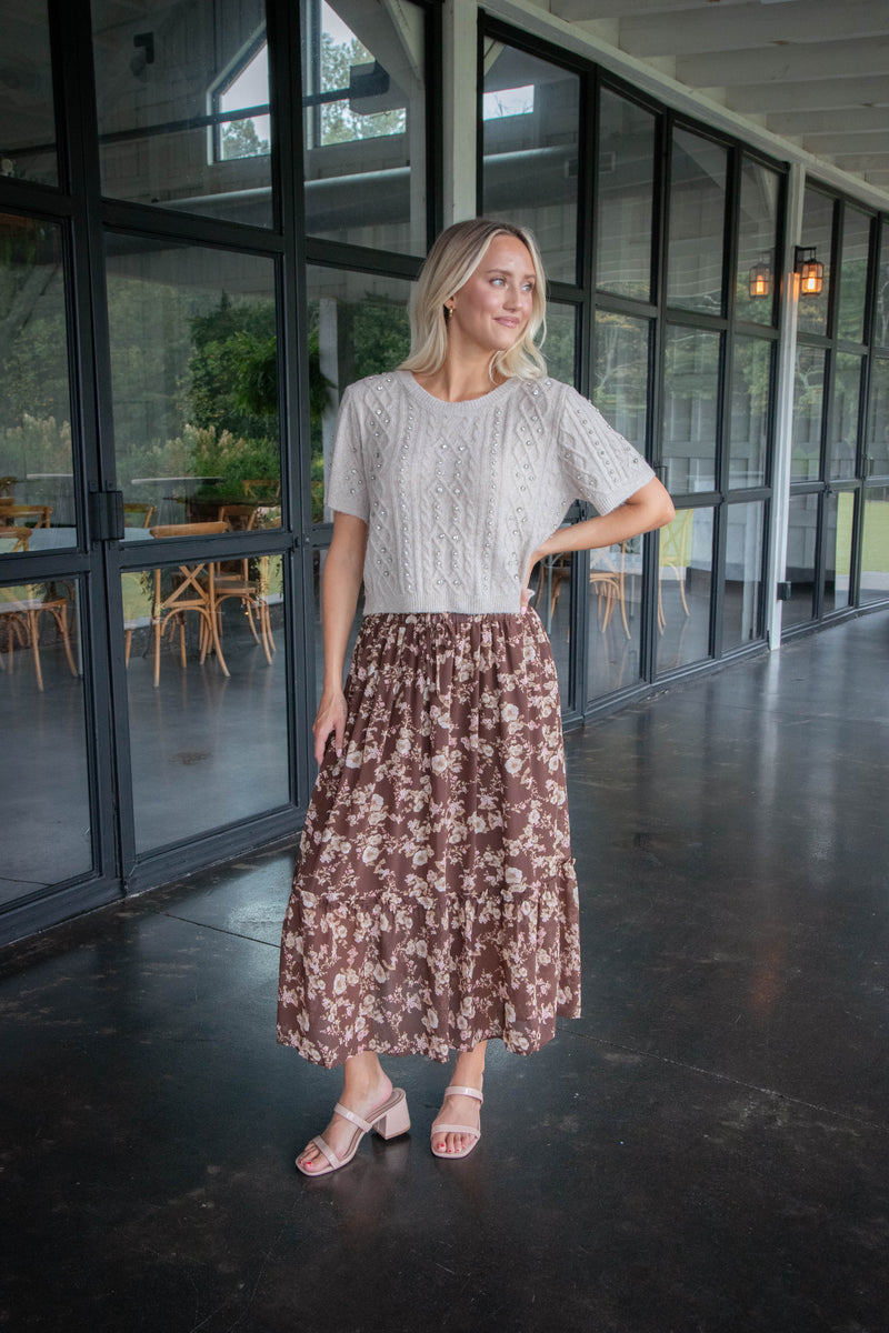 Mona Floral Midi Skirt, Brown Multi