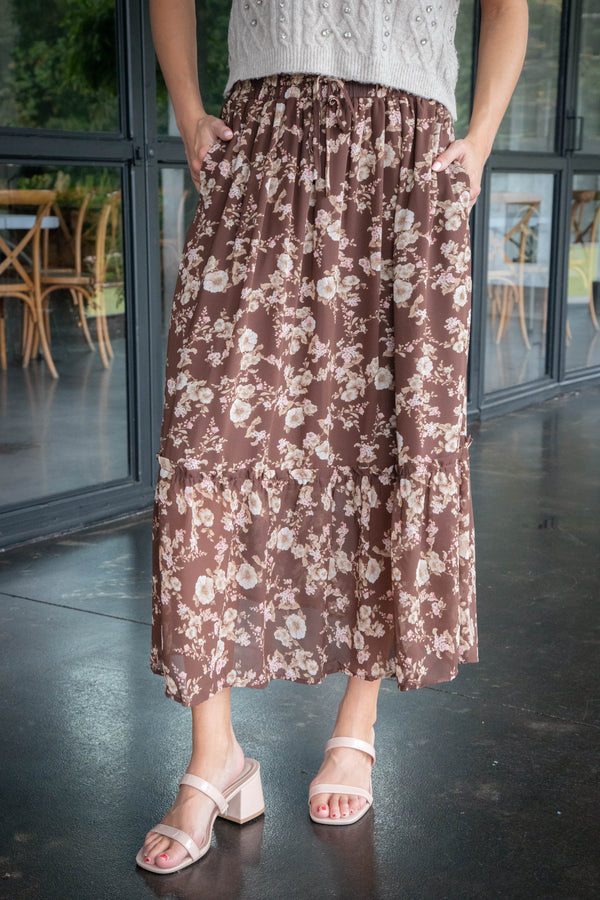 Mona Floral Midi Skirt, Brown Multi