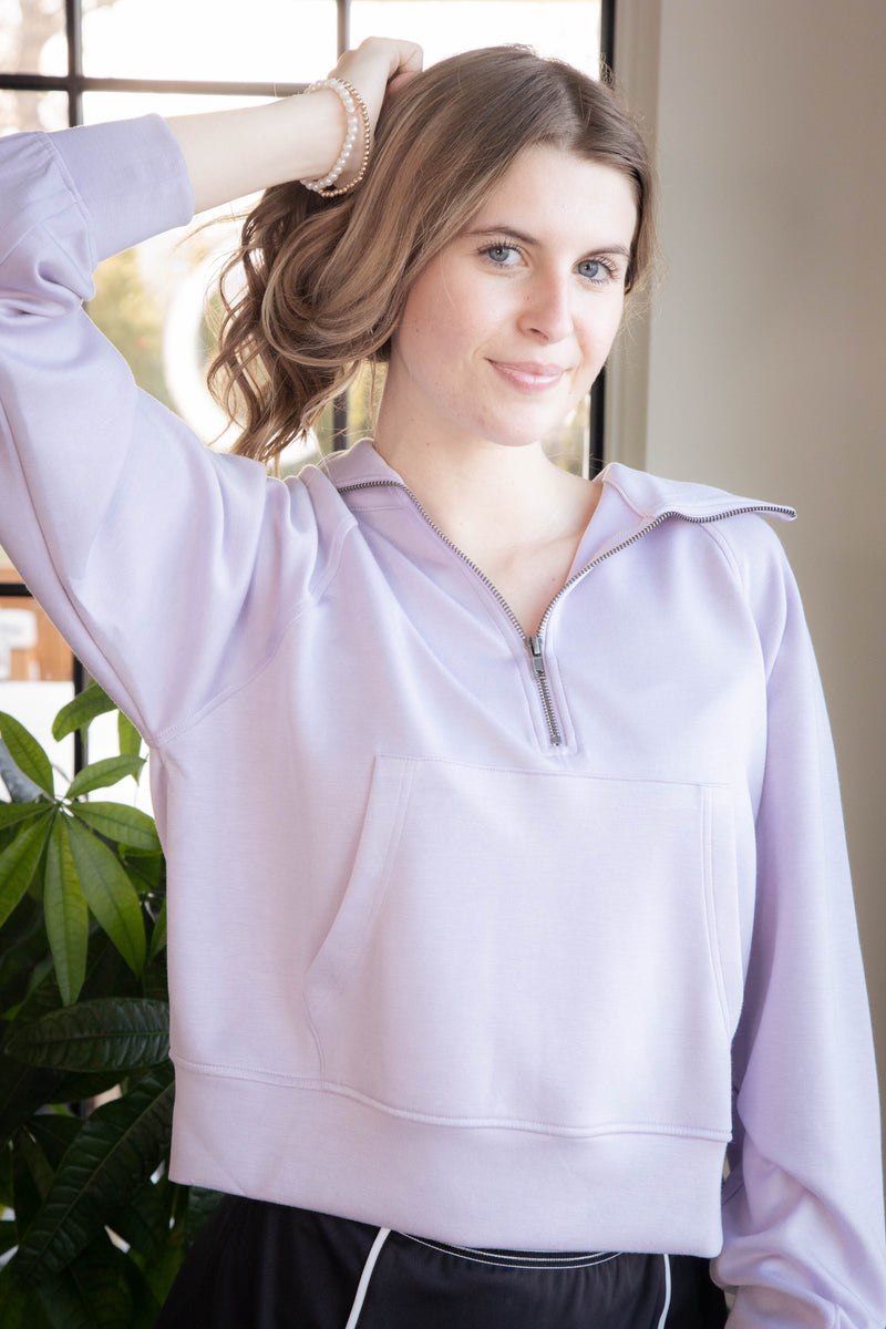 Sukey Quarter Zip Sweatshirt, Lilac Gray