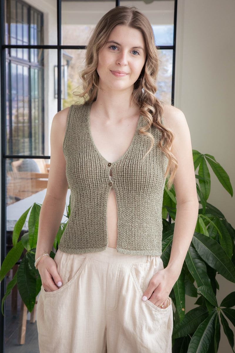 Willow Crocheted Button Front Vest, Olive