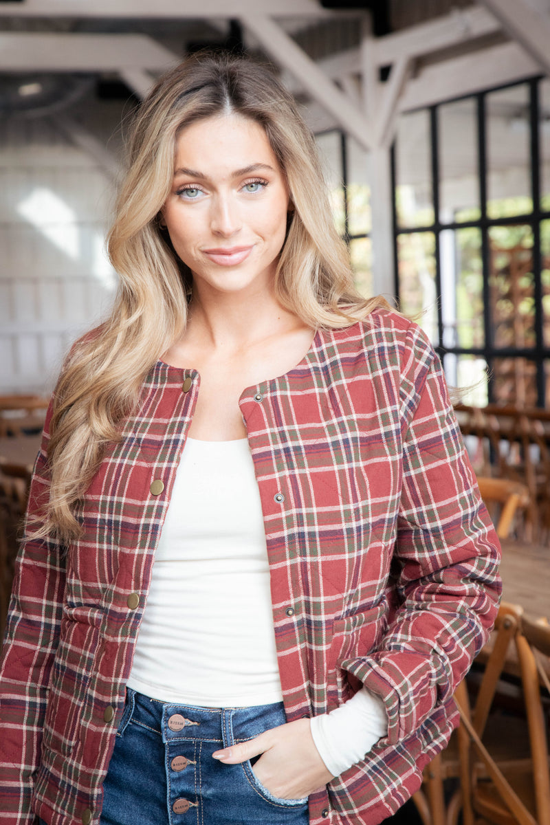 Judith Quilted Plaid Jacket, Brick Red