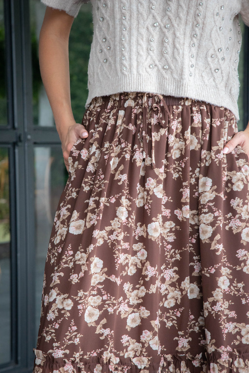 Mona Floral Midi Skirt, Brown Multi