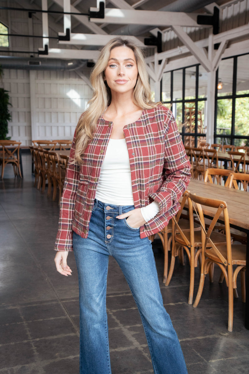 Judith Quilted Plaid Jacket, Brick Red