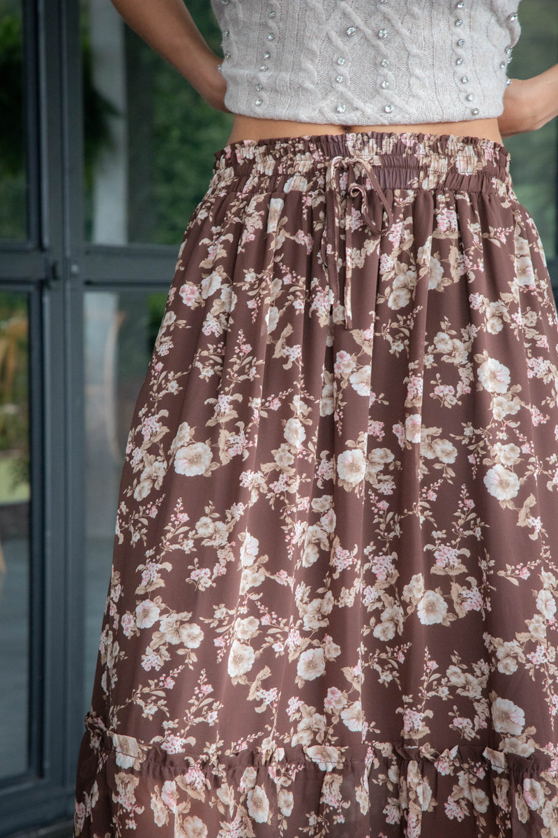 Mona Floral Midi Skirt, Brown Multi