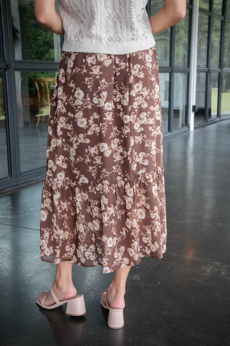 Mona Floral Midi Skirt, Brown Multi