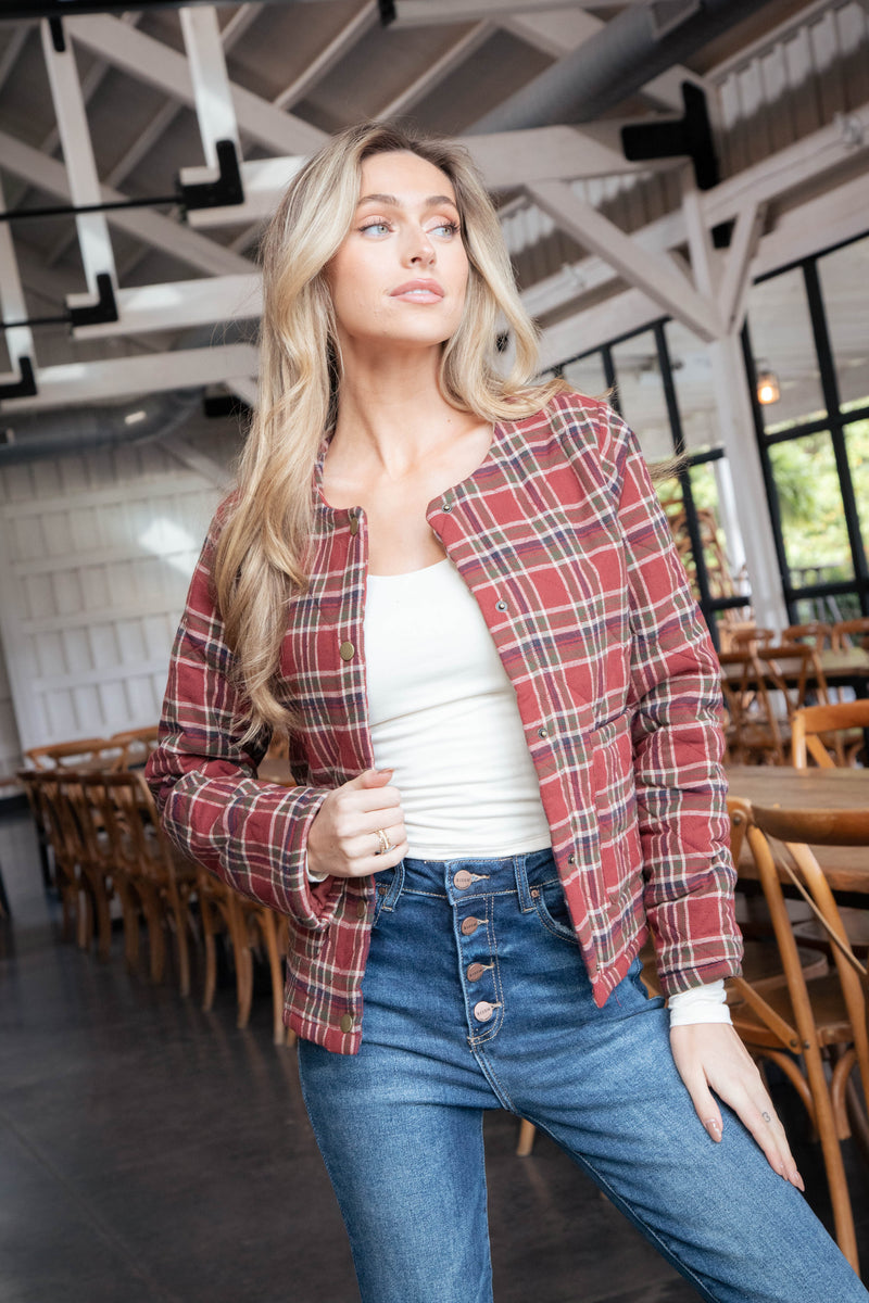 Judith Quilted Plaid Jacket, Brick Red