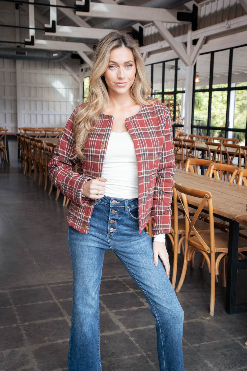 Judith Quilted Plaid Jacket, Brick Red