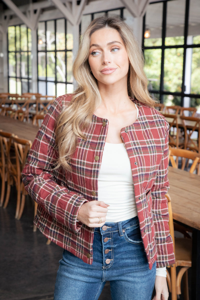 Judith Quilted Plaid Jacket, Brick Red