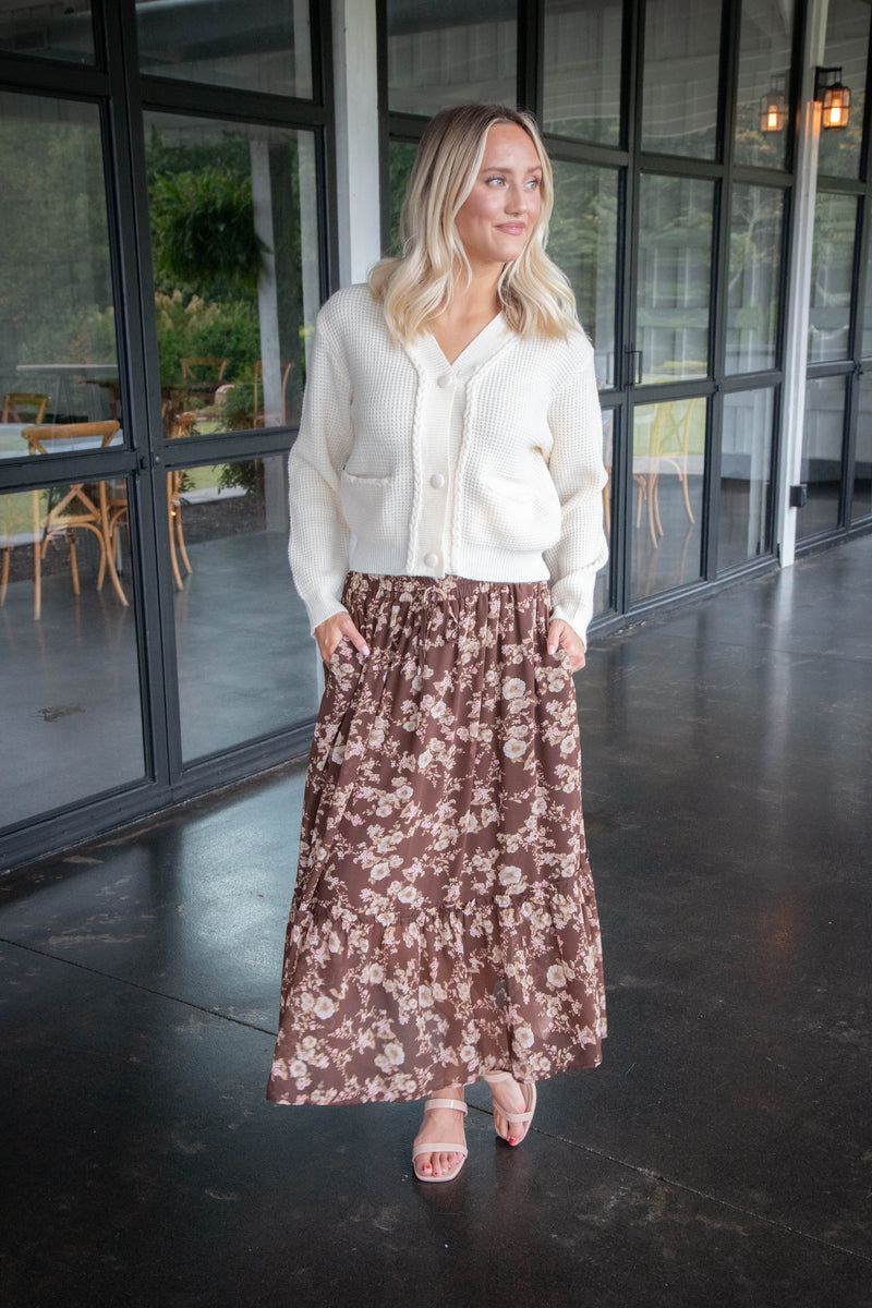 Mona Floral Midi Skirt, Brown Multi