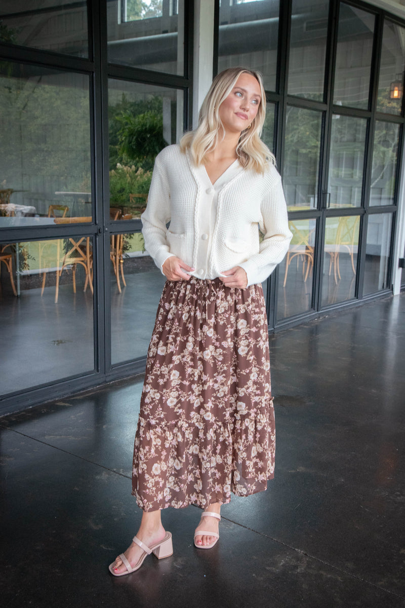 Mona Floral Midi Skirt, Brown Multi