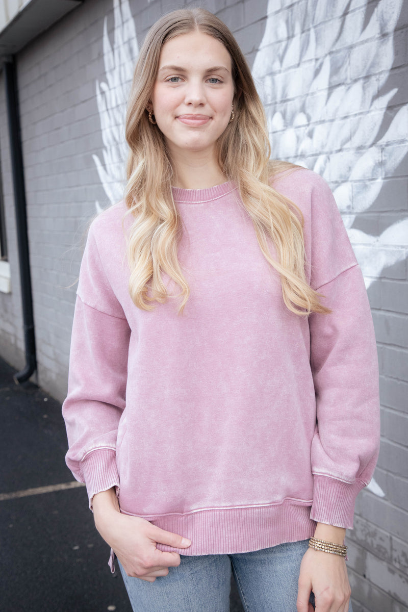 Lia Acid Washed Fleece Pullover, Light Rose