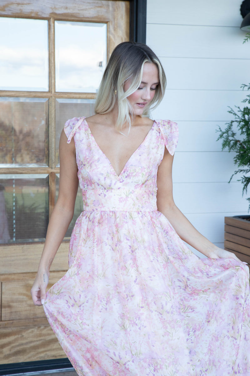 Serena Floral Midi Dress, Blush/Lavender/Apricot