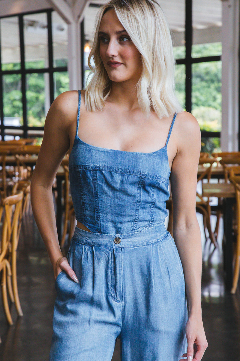 Allison Sleeveless Corset Crop Top, Chambray