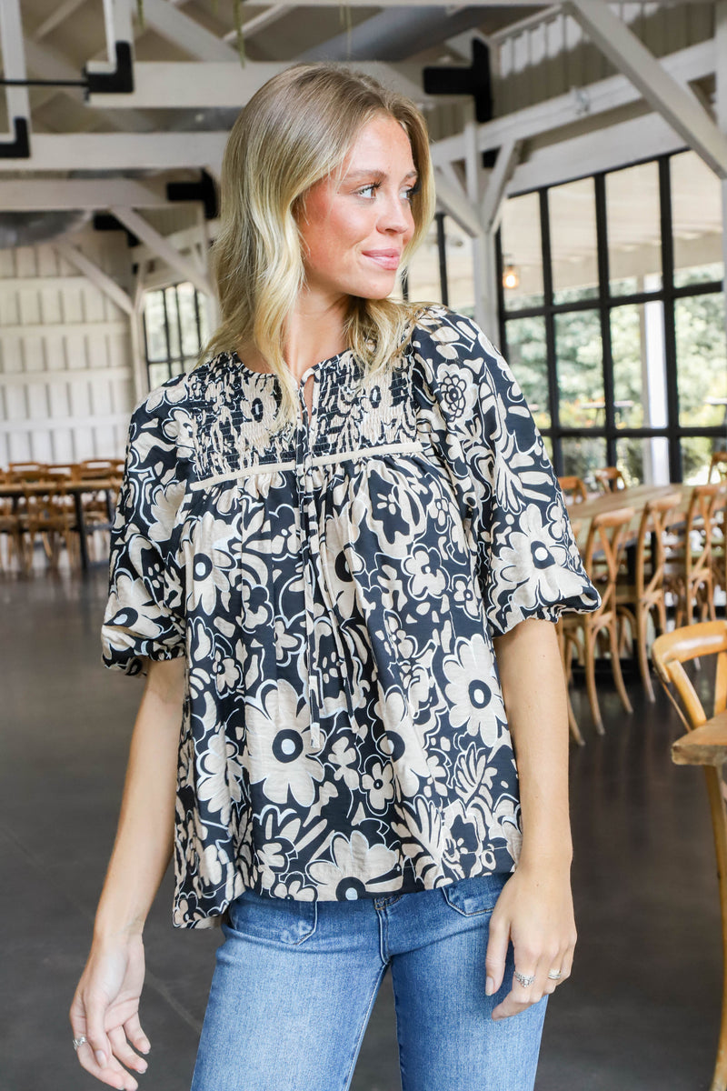 Marisa Floral Smocked Neck Top, Black Mix