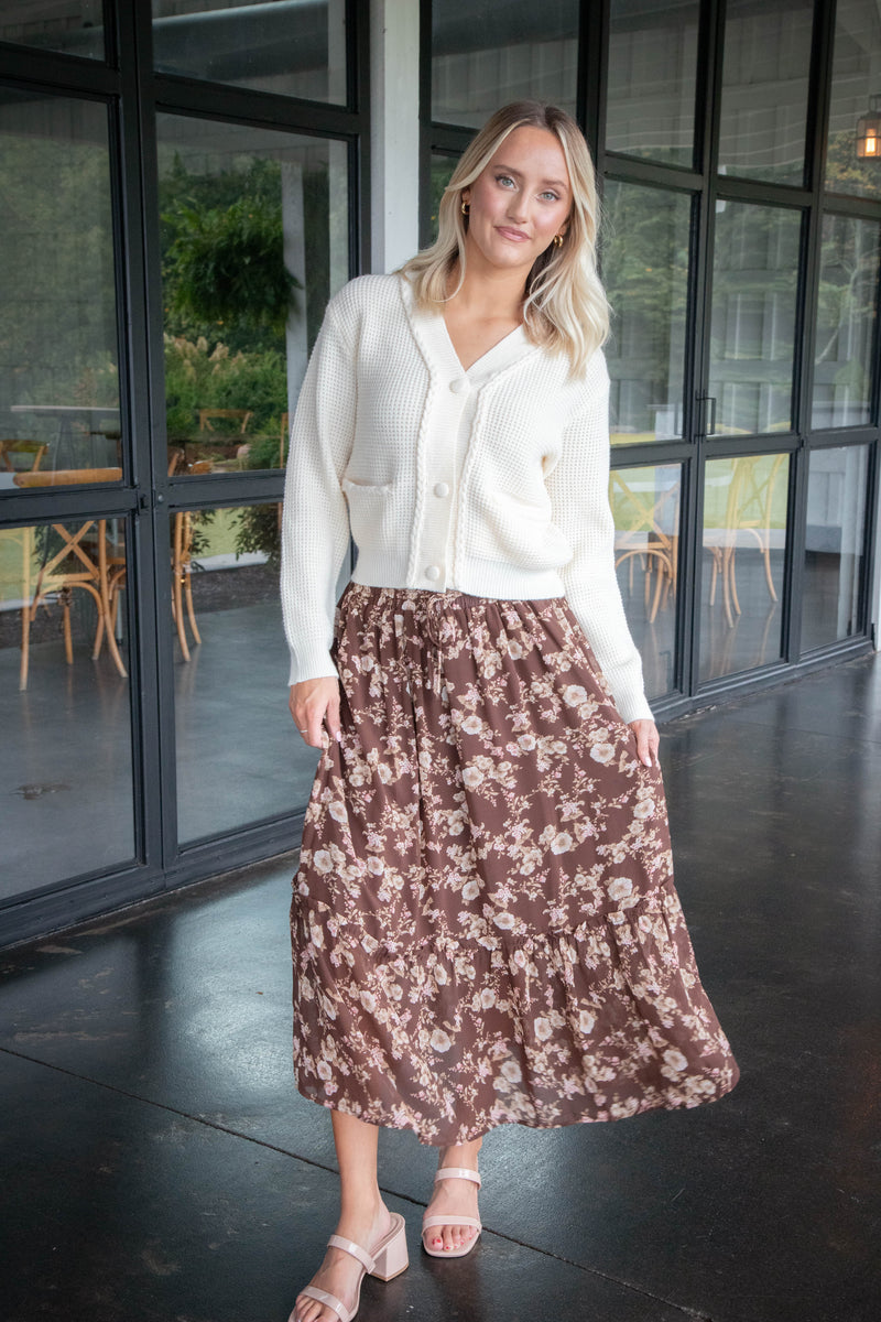 Mona Floral Midi Skirt, Brown Multi