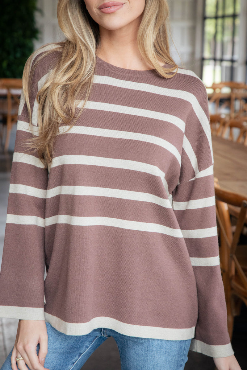 Silvia Striped Sweater Top, Mocha