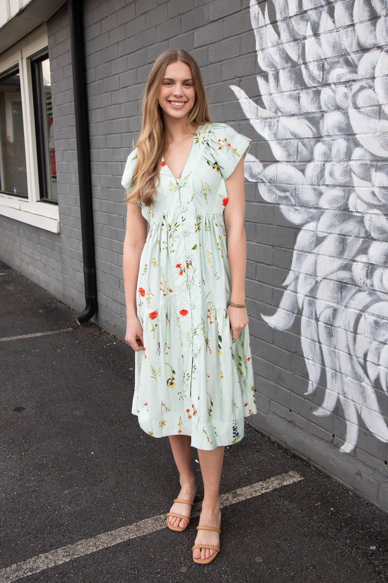 Seneca Button Down Floral Midi Dress, Mint Mix