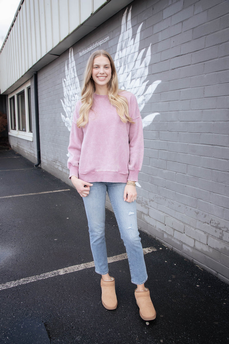 Lia Acid Washed Fleece Pullover, Light Rose