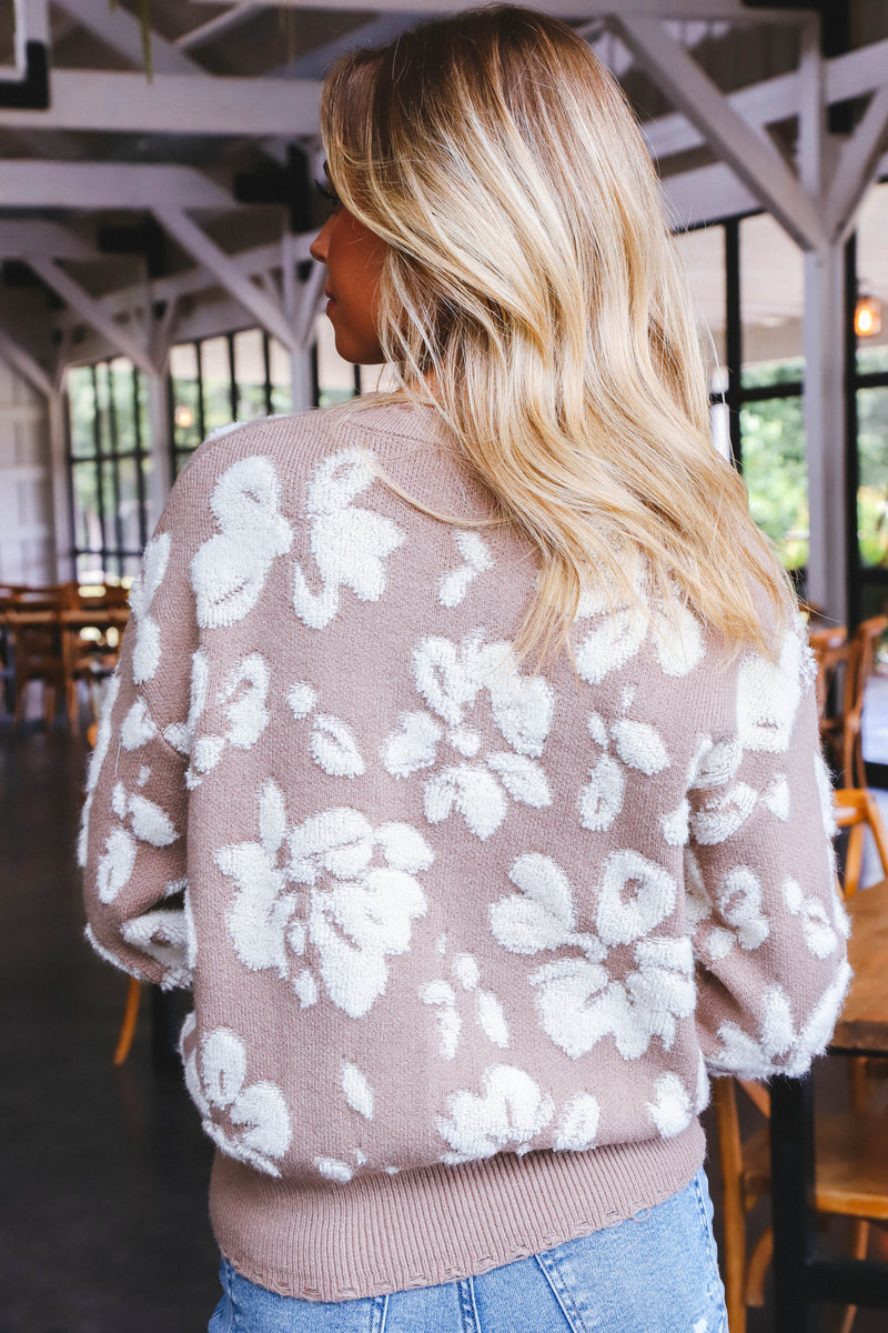 Gwendolyn Floral Distressed Sweater, Taupe