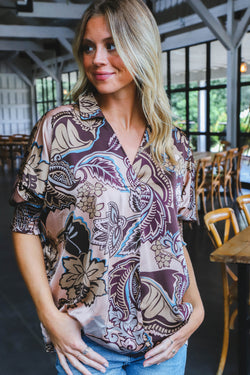 Diya Satin Paisley Blouse, Brown Mix