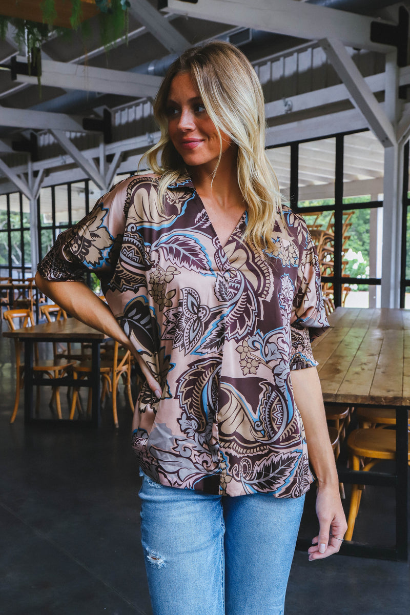 Diya Satin Paisley Blouse, Brown Mix