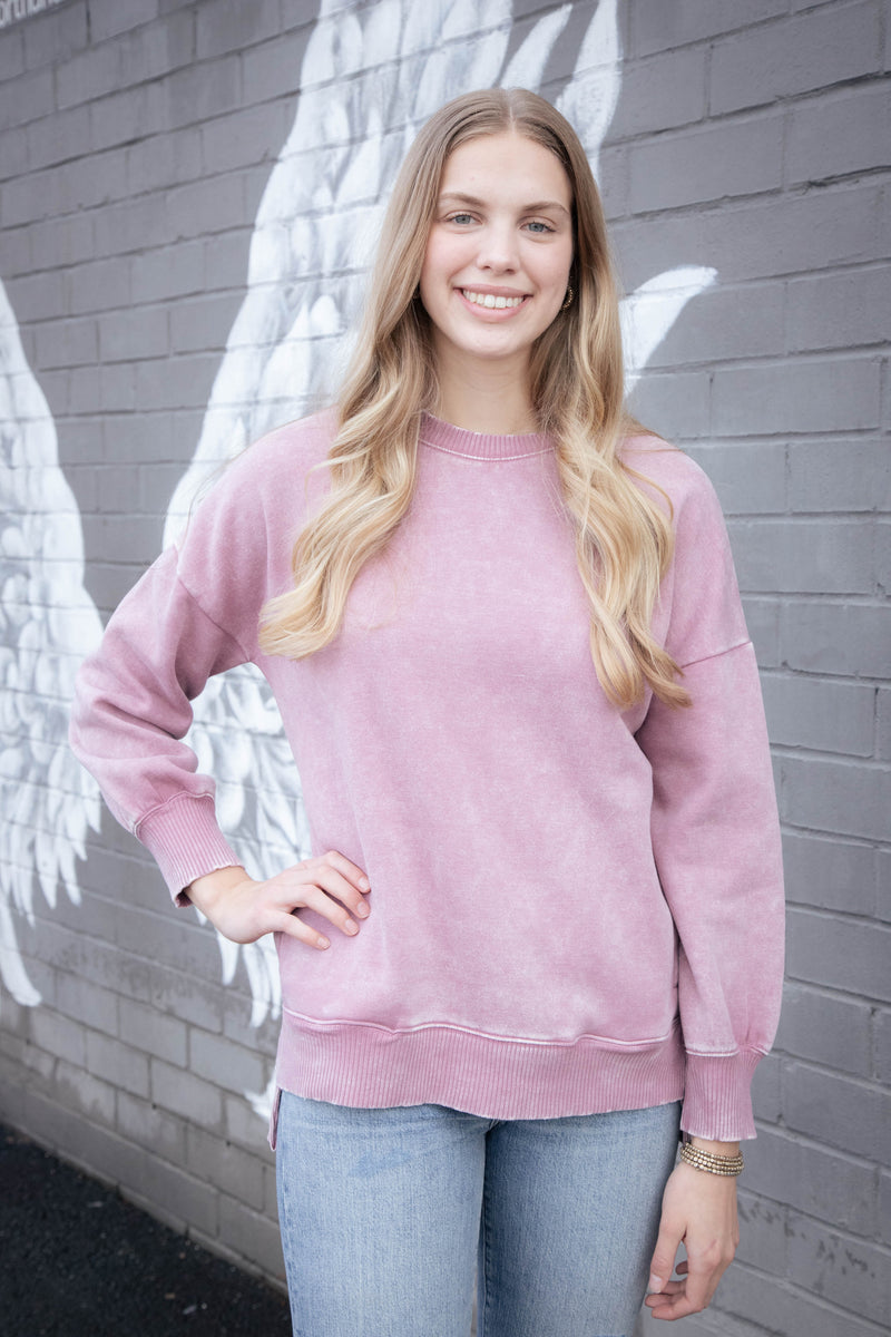 Lia Acid Washed Fleece Pullover, Light Rose